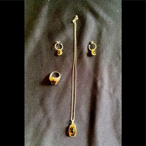 Set of Smokey Quartz Earrings, Necklace, Pendant, Ring sz 5 925SS w/18k Diamonds